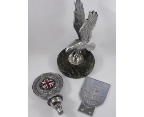 ENAMELLED RAC CAR BADGE AF, RAFYC CAR BUMPER BADGE AND AN EAGLE MOUNTED ON ROUND MARBLE PLINTH THOUGHT TO BE A CAR MASCOT