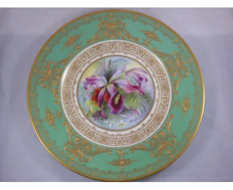 ROYAL WORCESTER CABINET PLATE, GREEN AND GILT BORDER, CENTRAL PANEL DECORATED WITH IRISES, SIGNED R.AUSTIN, MARKED JOAN HILL 