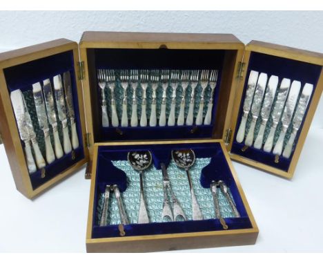 IMPRESSIVE VICTORIAN CASED DESSERT SET HAVING ENGRAVED MOTHER OF PEARL HANDLE KNIVES AND FORKS, GRAPE SCISSORS, NUT CRACKERS 