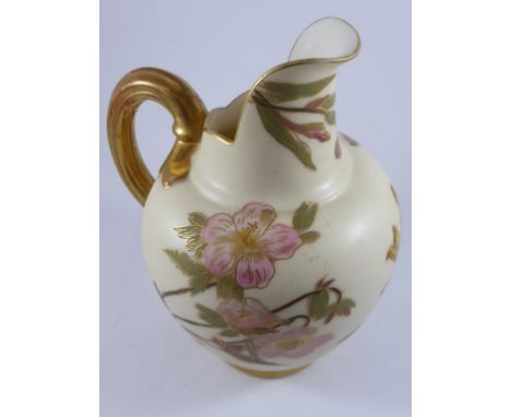 ROYAL WORCESTER FLAT BACK JUG WITH FLORAL DECORATION, SHAPE 1094, APPROX. 13 cm