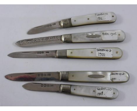 5 SILVER BLADE MOTHER OF PEARL HANDLED FRUIT KNIVES