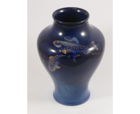 UNUSUAL BLUE GLAZED' SALMON WARE' ROYAL WORCESTER VASE WITH SALMON DECORATION, SIGNED W.H.AUSTIN, APPROX. 11cm, JOHN PINNICK 