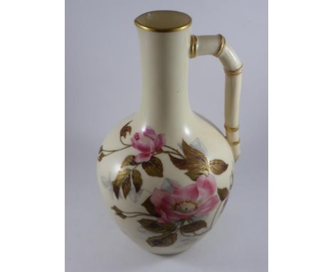 ROYAL WORCESTER BOTTLE JUG WITH FLORAL DECORATION, SIMULATED BAMBOO HANDLE, APPROX. 20cm