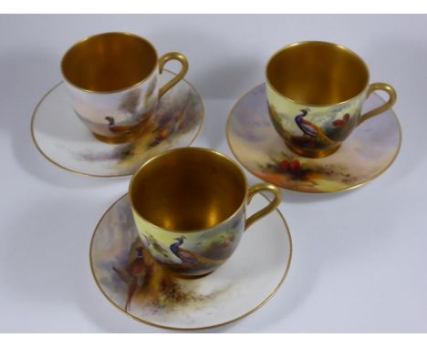 3 ROYAL WORCESTER CABINET CUPS AND SAUCERS AF PAINTED WITH PHEASANTS, AUSTIN, JOHN PINNICK COLLECTION