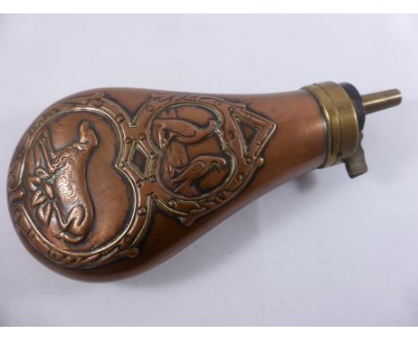COPPER AND BRASS POWDER FLASK WITH EMBOSSED DECORATION