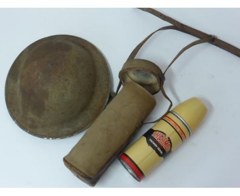 MILITARIA INC. HELMET, CANVAS WATER BOTTLE CARRIER WITH THERMOS FLASK AND A LARGE MODEL OF A SPITFIRE!