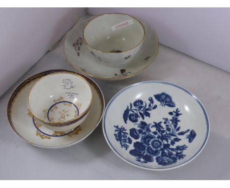 WORCESTER BLUE AND WHITE DISH WITH BUTTERFLY DECORATION, FLIGHT, WORCESTER TEA BOWL AND SAUCER AND ONE OTHER TEA BOWL AND SAU