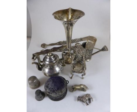 MINIATURE SILVER AND OTHER ITEMS INC. TRUMPET VASE, TEA SET ON GALLERIED TRAY, PIN CUSHION, MINIATURE THIMBLES, WATERING CAN,