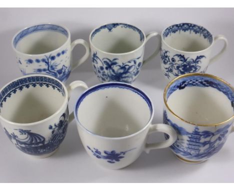 6 MISC. BLUE AND WHITE TEA CUPS, EARLY WORCESTER AND OTHERS, JOHN PINNICK COLLECTION