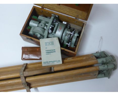 VICKERS INSTRUMENTS LTD. COOKE TAVISTOCK GREEN ENAMELLED THEODOLITE (TYPE II) IN FITTED MAHOGANY CASE WITH INSTRUCTIONS AND T