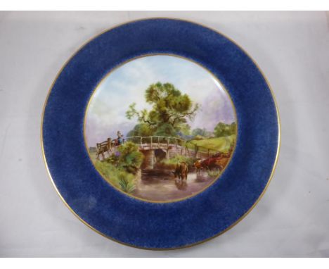 ROYAL WORCESTER CABINET PLATE BLUE BORDER, DECORATED WITH RURAL SCENE, FIGURE ON BRIDGE AND CATTLE, SIGNED AUSTIN, APPROX. 23