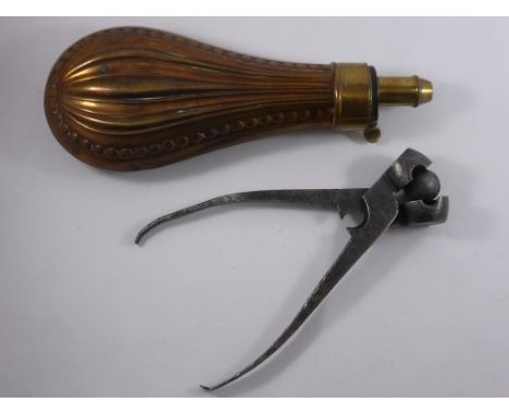 FLUTED COPPER AND BRASS POWDER FLASK AND A SHOT MOULD