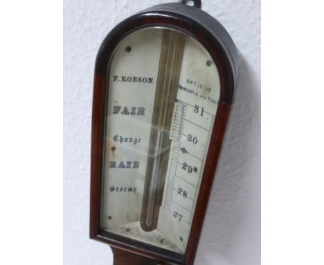 GEORGIAN MAHOGANY STICK BAROMETER, F.ROBSON, OPTICIAN, NEWCASTLE UPON TYNE, WITH THERMOMETER