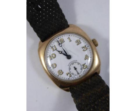9CT GOLD GENTS 1940S CUSHION SHAPED WRIST WATCH, ARABIC NUMERALS TO ENAMELLED DIAL, SUBSIDIARY SECONDS DIAL