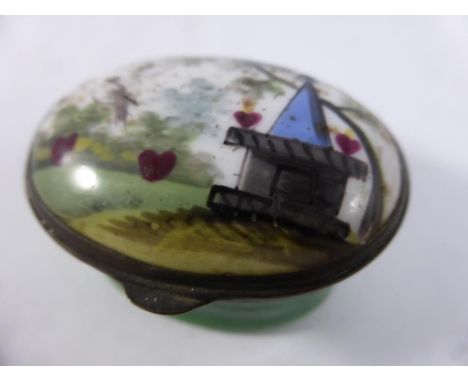 19TH CENTURY OVAL 'BILSTON' ENAMEL POT WITH HINGED LID DEPICTING A GARDEN SCENE, APPROX. 4.5 X 3.5 cm