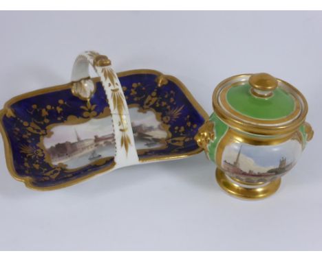 GRAINGER'S WORCESTER MINIATURE DISH WITH BASKET HANDLE AND URN WITH COVER EACH HAVING A PANEL DEPICTING A WORCESTER SCENE, JO