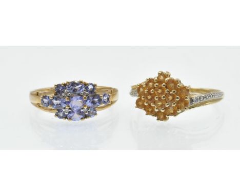 Two hallmarked 9ct gold and gemstone cluster rings. The rings including an amethyst and diamond set cluster&nbsp; hallmarked 