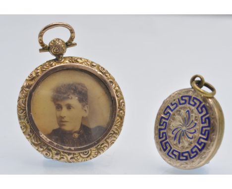 Two antique gold lockets. The lockets to include one 9ct gold in the form of a watch fob having frame of a foliate decorated 