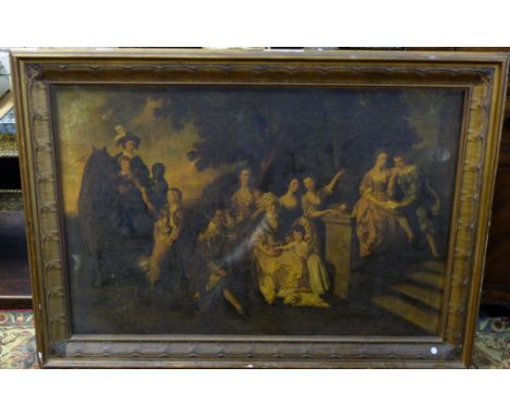 19thC Oil or Oleograph on Canvas, portrait of an extended Georgian family in a natural garden setting, in a moulded gilded fr