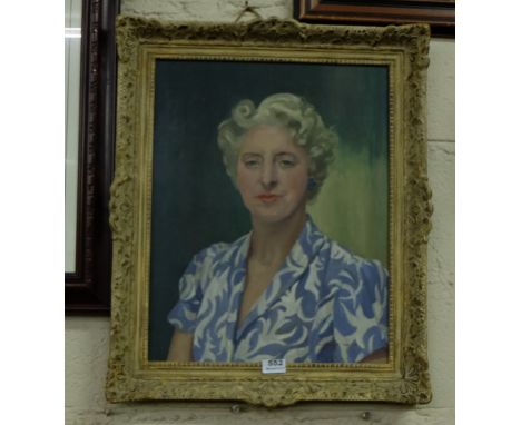 Oil on Canvas, Portrait of a Lady in a blue and white dress, signed Margaret Waller & Pastel Portrait of a young girl “Manuel