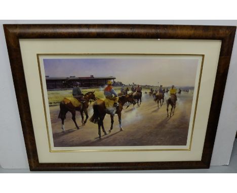 Limited Edition Colour Print by Peter Curling (signed In pencil), “warming up at the Race Course”, in dark frame