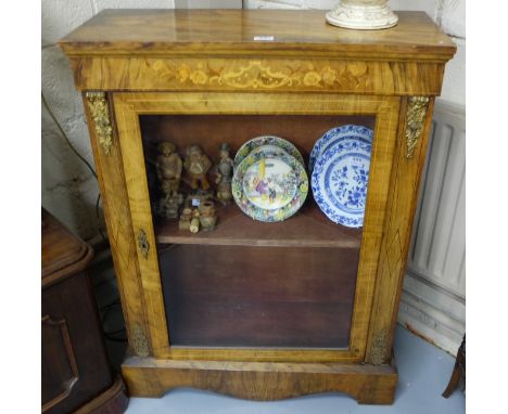 19thC Walnut Pier Cabinet, inlaid with satinwood floral inlay, on shaped feet, 1 shelf, brass mounts, 31”w x 13”d x 42”h