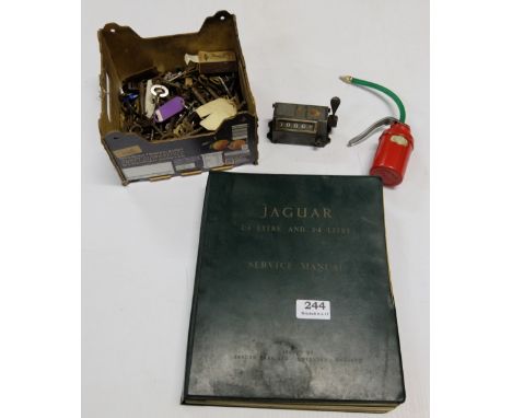 Jaguar Service Manual & box with old keys, milometer, small oil can etc