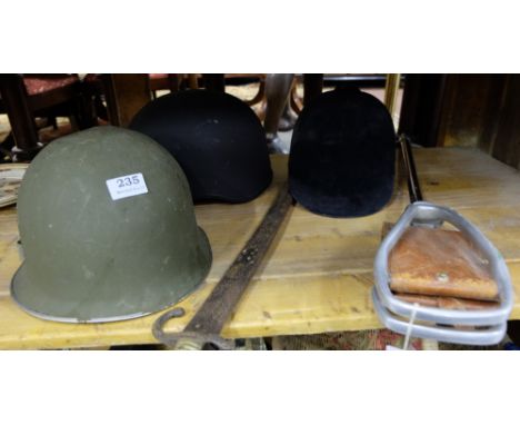 Shooting Stick Seat, Scabbard, 2 riding hats and army helmet (5) 