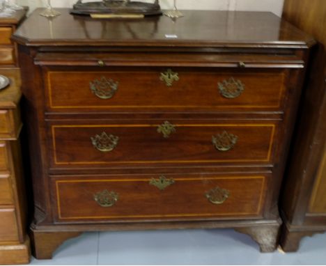 Late 19thC Continental Walnut Chest of 3 Drawers, with brushing slide, inlaid with satinwood, with brass handles and escutche