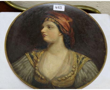 Pastel Portrait of a Middle Eastern Woman, wearing a purple headdress and pink dress, in an oval gilt frame (small damage to 