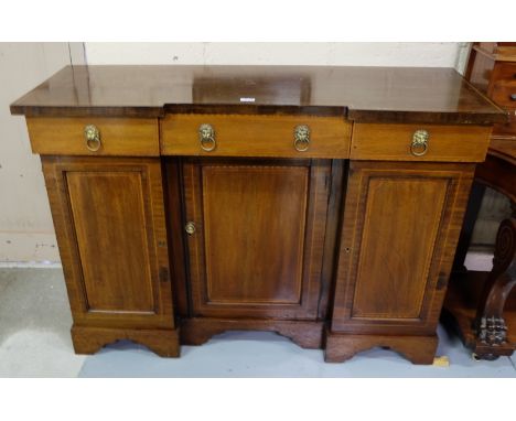 Edwardian Inlaid Mahogany Sideboard, with 3 frieze drawers over 3 lower cabinets, on bracket feet, lions head handles, polish