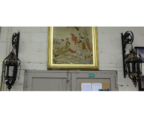 Similar Pair of Cast Iron Outdoor Wall Lanterns, on brackets with gilded leaf shaped overlay, 46”h (from top of bracket) (gla