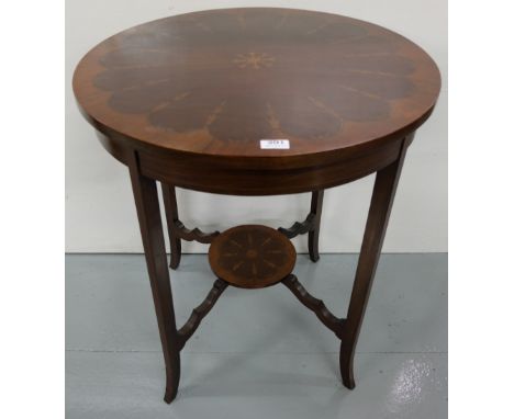 Edwardian Mahogany Occasional Table, the circular top inlaid with satinwood tassels, on tapered legs, with circular stretcher