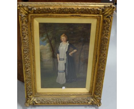 19thC Oil on Canvas, Portrait of a Lady wearing a navy velvet cloak and a white dress, in a moulded gilt framed, 22”w x 30”h