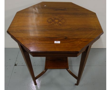 Edwardian Rosewood Octagonal Top Occasional Table, inlaid with satinwood swags, on 4 tapered legs, stretcher shelf, castors 