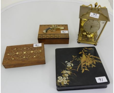 2 Cigar Boxes (1 x 1950’s), Japanese Lacquer Box & modern brass mantle clock (4) 