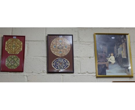 4 embriordered Indian mats from the 19thC (in 2 frames) & an oriental print – Street Merchants (3)