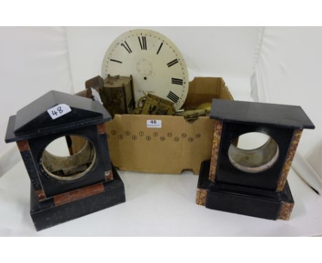Box of mantle clock parts, Seth Thomas Clock Dial & 2 black slate clock cases 