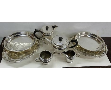 4 Piece EPNS Teaset with celtic design borders & 2 pairs of plated entrée dishes   