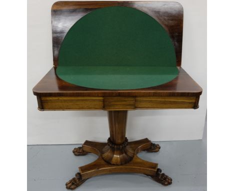 WMIV Rosewood Card Table, on an inverted-shaped pod, platform base with 4 hairy paw feet, the interior covered with green bai