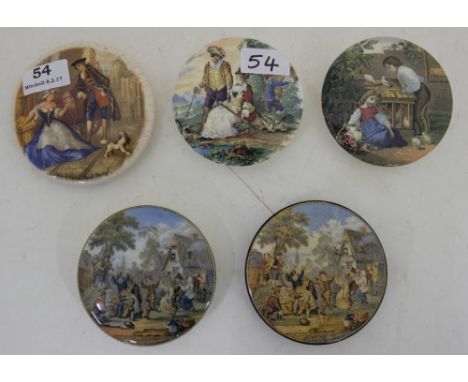5 x 19thC Ceramic Pot Lids – two “the Village Wedding” & 3 romantic scenes 