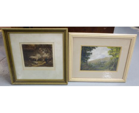 Colour framed Lithograph, “Feeding Time”, engraved and signed by Geo Moreland 14” sq & oil on board, rural country scene with