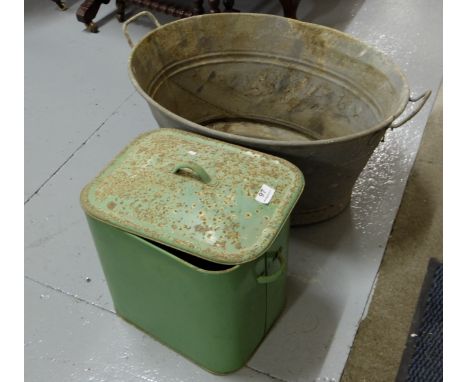 Oval Tin Bath & green enamel bread bin (worn)