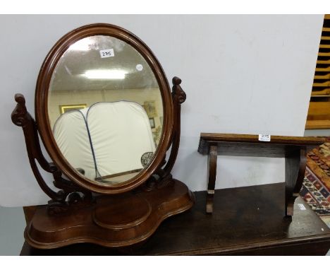 Victorian Mahogany Toilet Mirror, oval shaped, with jewellery compartment, 24”w x 26”h & walnut wall shelf (2)