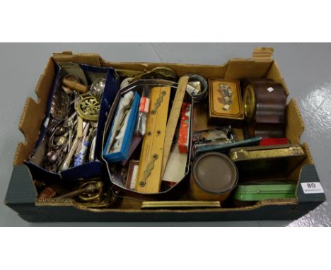 Boxed lot – mathematical instruments, plated cutlery, small mantle clock etc 