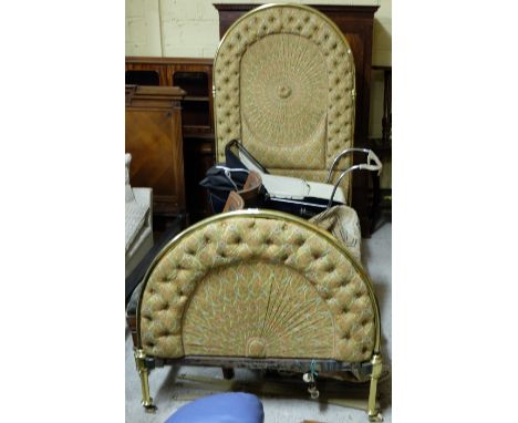 Brass framed bed, with padded and button head and base boards, green and yellow Morris style pattern, 3ft 6”w x 79”l