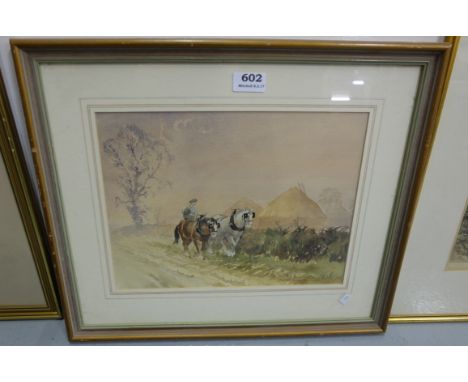 4 pictures - Watercolour by Frank Munger ’84 – farm horses at harvest & 2 black and white etchings “The Sleeping Shepard” & c
