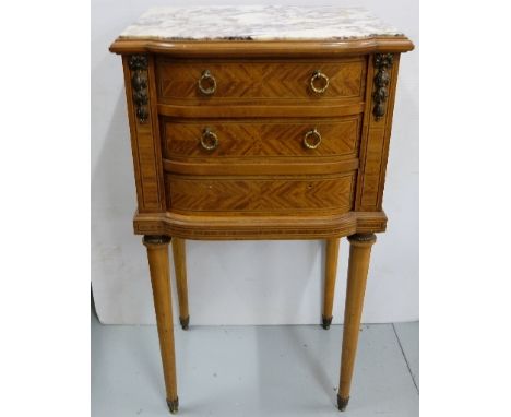 French Kingwood Bedside Cabinet with a red and black marble top over a feathered veneer, the top drawer over a hinged door en