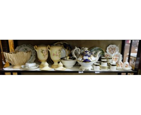 Shelf of China Items – English coffee set, Pair of Vases with lids, coloured plates, Sylvac Planter etc