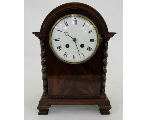 Chiming Mantle Clock in Mahogany Case, with white dial, roped side columns, flame mahogany front, working, 12”h